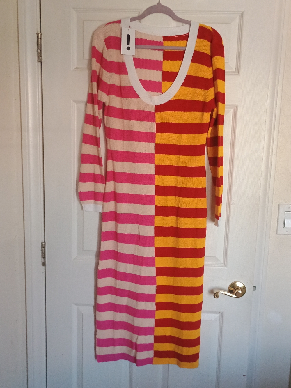 NWOT Striped Split-Color V-Neck Knit Dress - Pink & Yellow Size XL